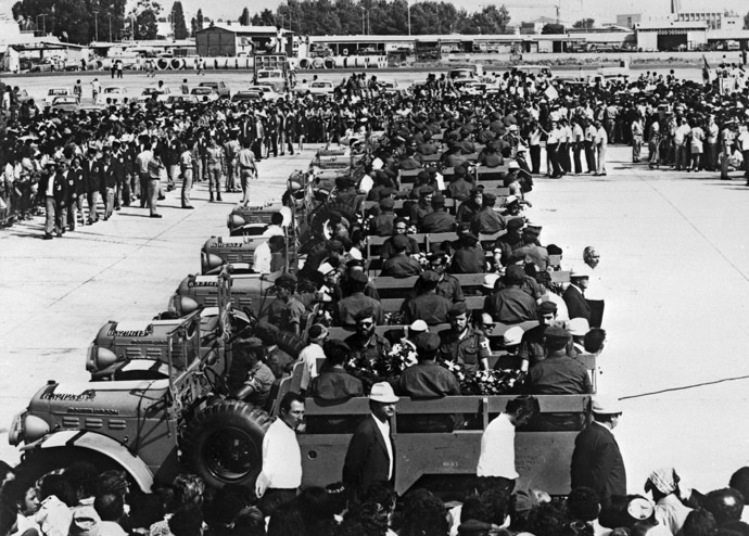 Coffins of Israeli olympic team victims of the Palestinian hostage-taking are transported on military vehicules at Lof airport, Israel, 08 September 1972. (AFP Photo/Str)