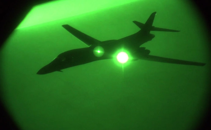 This US Air Forces Central Command image from video shows US Air Force B-1B Lancer after refueling in the US Central Command area of responsibility prior to strike operations in Syria on September 27, 2014. (AFP Photo/US Air Forces Central Command)