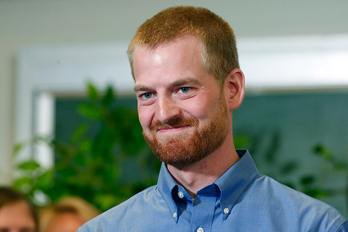 Kevin Brantly, who contracted the deadly Ebola virus, smiles during a press conference at Emory University Hospital in Atlanta, Georgia August 21, 2014 (Reuters)