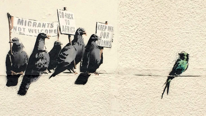 Banksy's ironic 'protesting birds' art piece erased as 'offensive and racist'