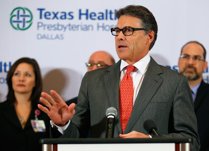 Texas Govenor Rick Perry answers questions related to the first confirmed case of the Ebola virus at Texas Health Presbyterian Hospital Dallas on October 1, 2014 in Dallas, Texas. (Tom Pennington / Getty Images / AFP)