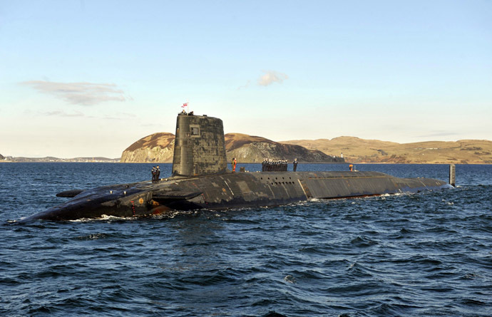 A picture shows the Trident Nuclear Submarine, HMS Victorious, on patrol off the west coast of Scotland on April 4, 2013. (AFP Photo/Andy Buchanan)