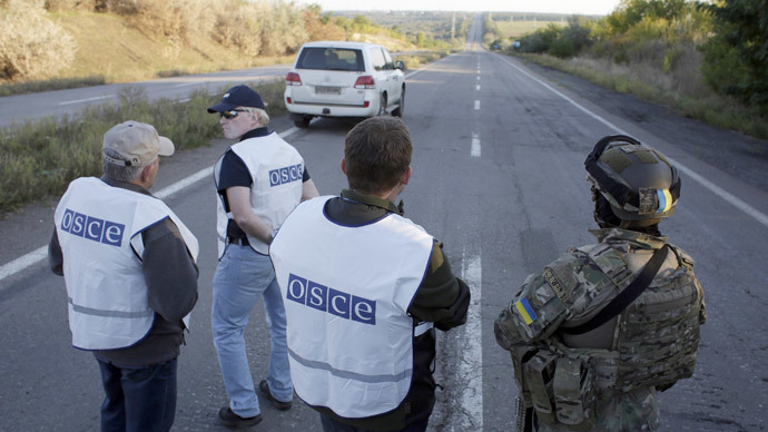 A Ukrainian serviceman (R) and OSCE observers wait on a road near Donetsk.(AFP Photo / Anatolii Stepanov)