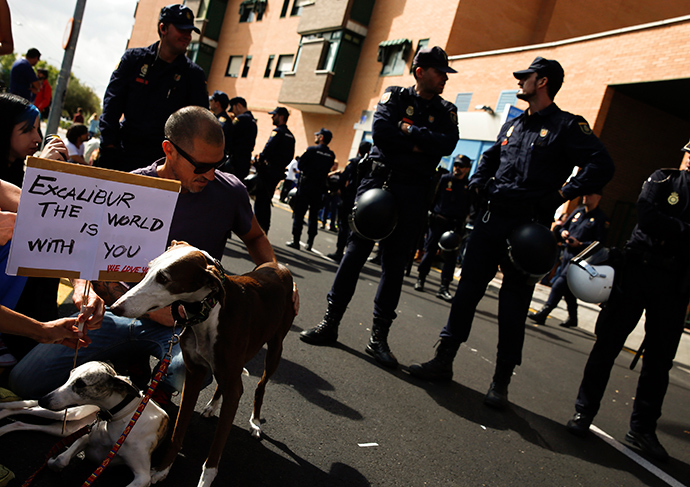 Demonstrators with pets hold signs in support of Excalibur, the dog of the Spanish nurse who contracted Ebola, outside her apartment in Alcorcon, near Madrid, October 8, 2014 (Reuters / Sergio Perez)