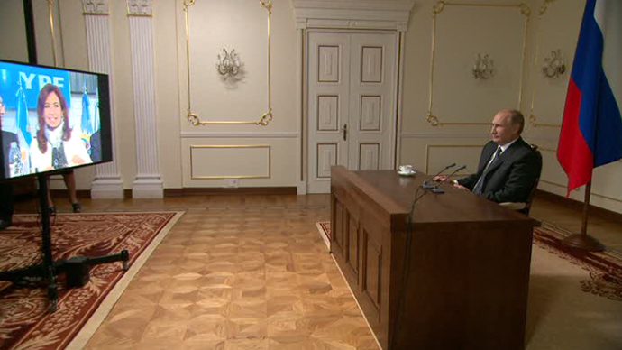 The "Russia-Argentina" video conference between Vladimir Putin and Cristina Kirchner (Screenshot from RT video)