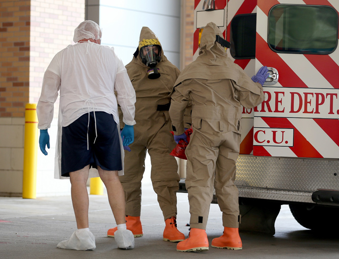 A possible Ebola patient is brought to the Texas Health Presbyterian Hospital on October 8, 2014 in Dallas, Texas. Thomas Eric Duncan, the first confirmed Ebola virus patient in the U.S., died earlier that day. (Joe Raedle / Getty Images / AFP)