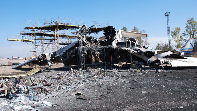 A burned plane at Donetsk airport.(RIA Novosti / Gennady Dubovoy)