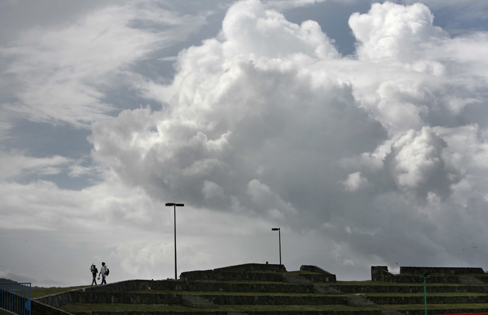 Storm clouds hover in the distance in this view from Sir Vivian Richards Stadium, St. John's, Antigua (Reuters / Andy Clark)