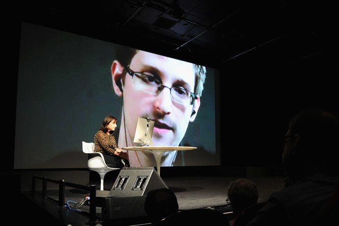 General view of atmosphere at Edward Snowden Interviewed by Jane Mayer at the MasterCard stage at SVA Theatre (Bryan Bedder / Getty Images for The New Yorker / AFP)