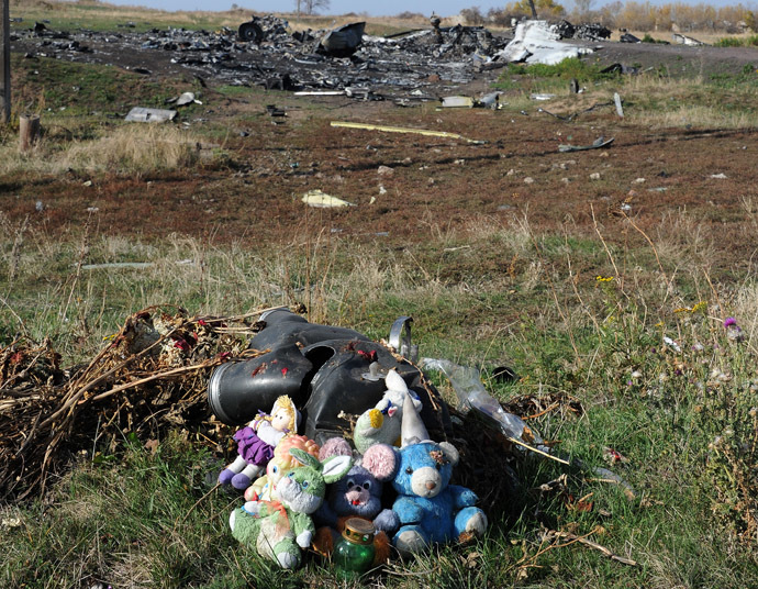 A picture taken on October 15, 2014 shows candles and plush toys at the site of the crash of the Malaysia Airlines flight MH17 near the village of Rassipnoe. (AFP Photo)