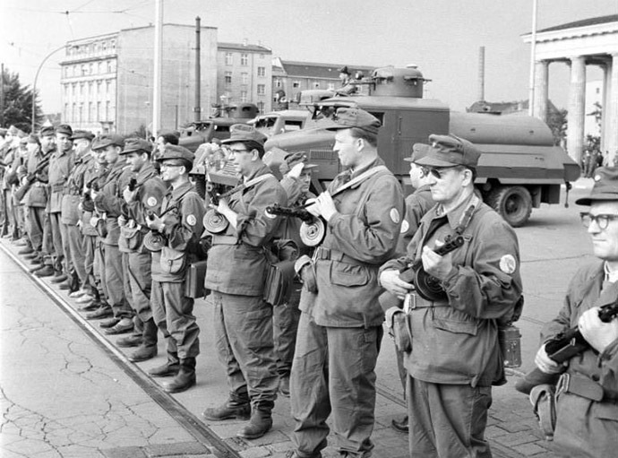 East German Combat Groups of the Working Class close the border on August 13, 1961, in preparation of the Berlin Wall's construction. (wikipedia.org/German Federal Archive)