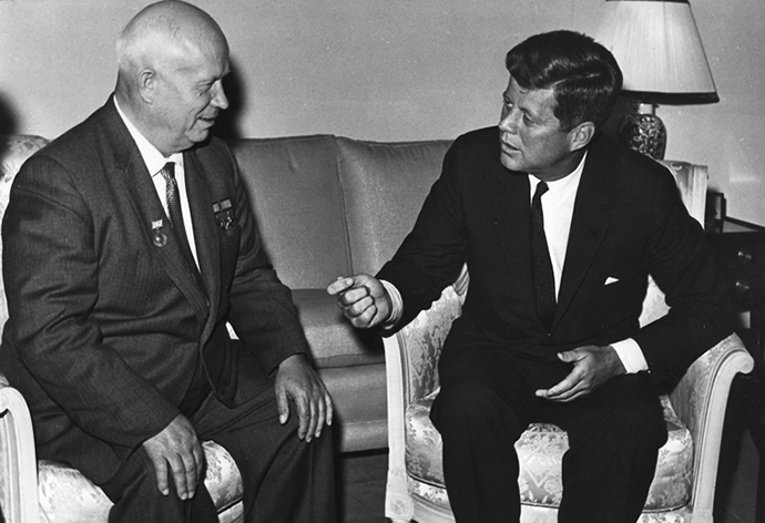 John F. Kennedy (R) and Nikita Khrushchev in 1961. (Image from wikipedia.org/Photograph from the U.S. Department of State in the John F. Kennedy Presidential Library and Museum, Boston.)