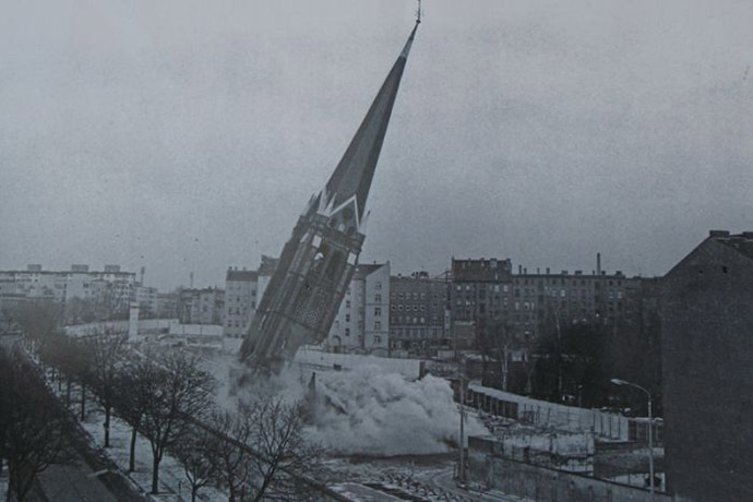 The demolition of the Church of Reconciliation in 1985