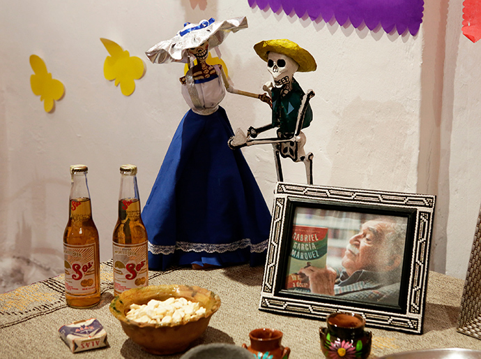A picture of Colombian writer Gabriel Garcia Marquez is seen in the Day of the Dead decorations presented by the Embassy of Mexico in Bolivia at the Tambo Quirquincha in La Paz (Reuters / David Mercado)
