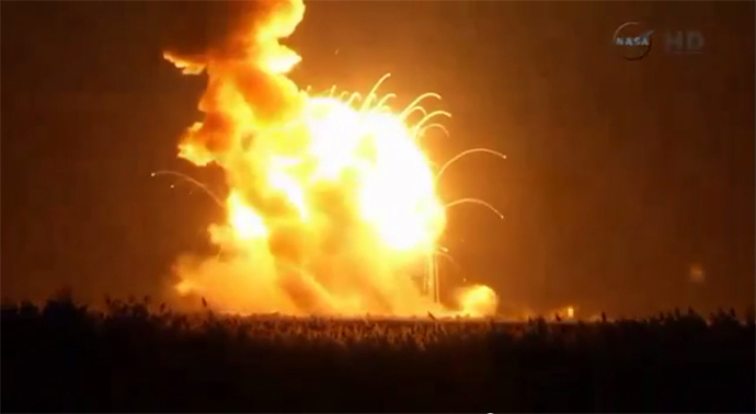 An unmanned Antares rocket is seen exploding seconds after lift off from a commercial launch pad in this still image from NASA video at Wallops Island, Virginia October 28, 2014 (Reuters / NASA)