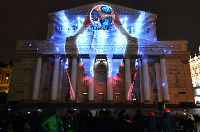 The presentation of the official emblem of 2018 FIFA World Cup Russia projected on the facade of the State Academic Bolshoi Theatre, Moscow (RIA Novosti / Vladimir Sergeev)