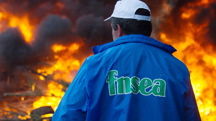 A farmer watches a pile of hay and manure dumped outside the DDT (Direction Departementale des territoires) offices burn, during a protest in Vesoul, eastern France, on November 5, 2014.(AFP PHoto / Sebastien Bozon)