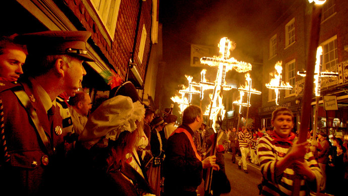 Local bonfire societies parade through the town at the annual Lewes bonfire and procession, Lewes, East )