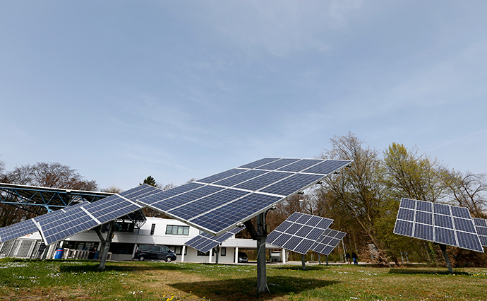 Solar panels surround the entrance to the Wacker Chemie AG facility in the south-east Bavarian town of Burghausen (Reuters)