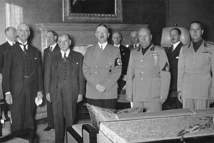 From left to right: Chamberlain, Daladier, Hitler, Mussolini and Ciano pictured before signing the Munich Agreement on September 28, 1938.