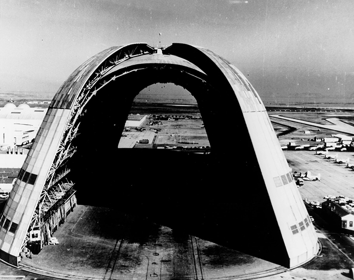 View of Hangar One, the huge dirigible hangar, with doors open at both ends (Image from wikipedia.org)