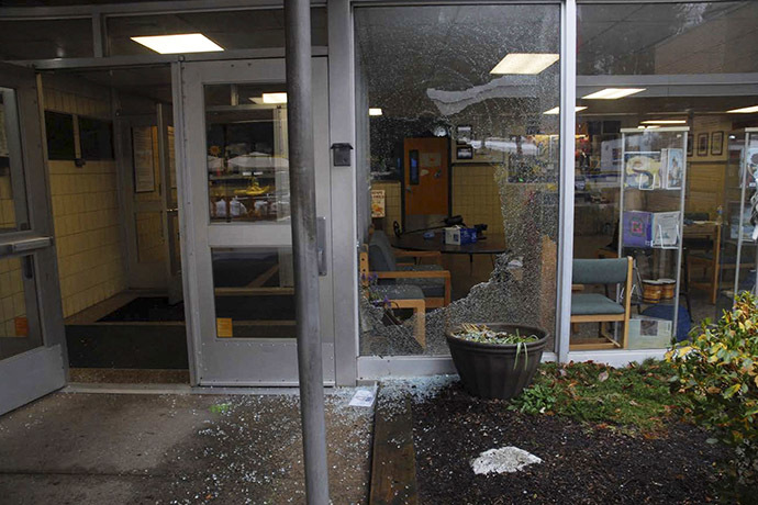 A shattered window at Sandy Hook Elementary School in Newtown, Connecticut, is pictured in this evidence photo released by the Connecticut State Police. (Reuters/Connecticut State Police)