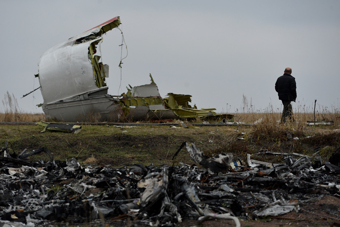 A man on the crash site of the MH 17 Malaysian Boeing that was en route from Amsterdam to Kuala Lumpur. (RIA Novosti / Alexey Kudenko) 