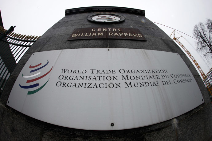 The World Trade Organization WTO logo is seen at the entrance of the WTO headquarters in Geneva (Reuters/Ruben Sprich)