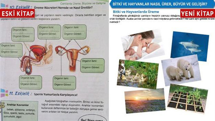 Sixth grade science and technology textbooks in Turkey before (left) and after (right).