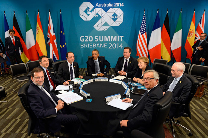 (L to R) Spain's President, Italy's Prime Minister , France's President, US President Barack Obama, Britain's Prime Minister David Cameron, Germany's Chancellor Angela Merkel, European Commission President Jean-Claude Juncker and European Council President Herman Van Rompuy (far R) take part in a multi-lateral meeting with European leaders at the G20 Summit in Brisbane. (AFP Photo / Alain Jocard)