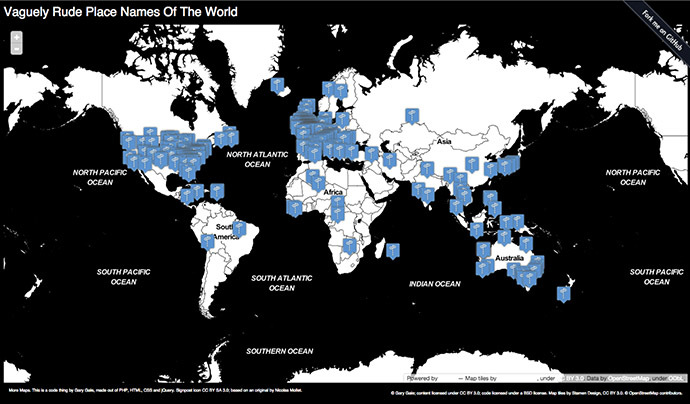 Vaguely Rude Place Names Of The World (Still from maps.geotastic.org)