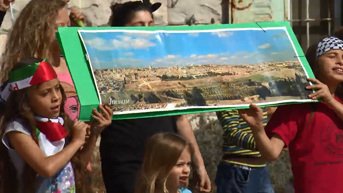 The young citizen journalist participates in a demonstration protesting Israeli occupation in her home village.(A screenshot from a video by YouTube user David Reeb)