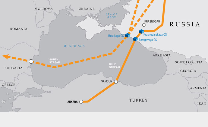 On the left, the planned South Stream route, to the right, the Blue Stream pipeline to Turkey. Image from www.gazprom.com