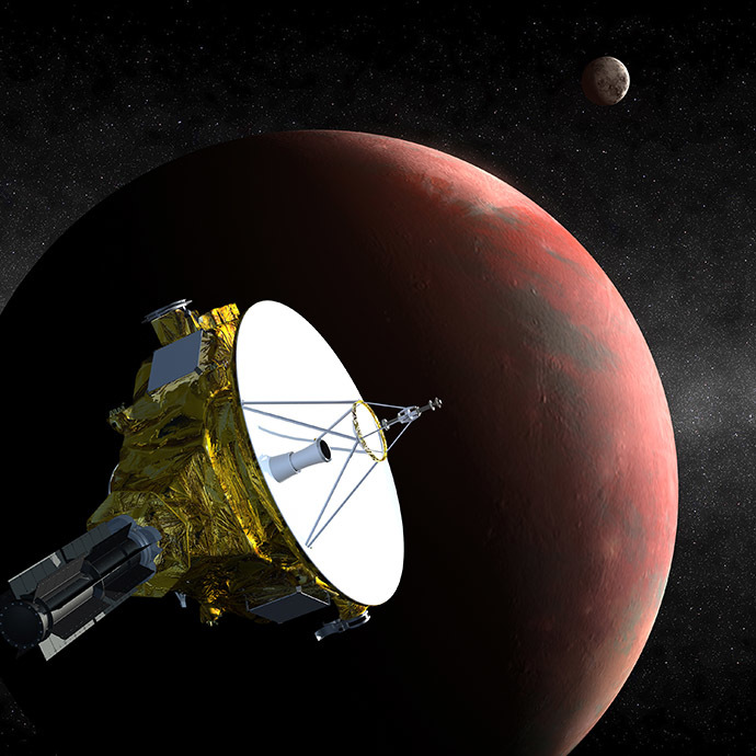 This artist's concept obtained December 1, 2014 courtesy of NASA/Johns Hopkins University Applied Physics Laboratory/Southwest Research Institute (JHUAPL/SwRI), shows the New Horizons spacecraft as it approaches Pluto and its three moons in summer 2015. (AFP Photo/NASA/Johns Hopkins University Applied Physics Laboratory/Southwest Research Institute)