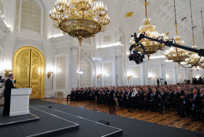 Russian President Vladimir Putin delivers the annual Presidential Address to the Federal Assembly at the Kremlin's St. George's Hall. (RIA Novosti/Michael Klimentyev)