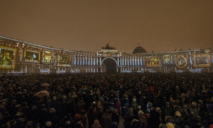 "History Ball", a light show marking the 250th anniversary of the Hermitage, held on Dvortsovaya (Palace) Square, St. Petersburg.(RIA Novosti/Igor Russak)