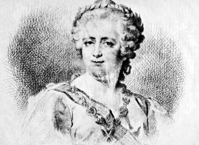 Catherine the Great (1729-1796). An engraved vignette by V.Bobrov on a portrait of Peter the Great from Dmitry Levitsky's painting. From the collection of the State Museum of History. (RIA Novosti)