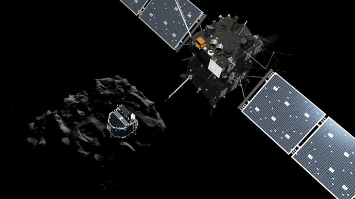 A handout released by the ESA/ATG medialab on November 12, 2014 shows an artists impression of the European probe Philae separating from its mother ship Rosetta and descending to the surface of comet 67P/Churyumov-Gerasimenko. (AFP/ESA/ATG)