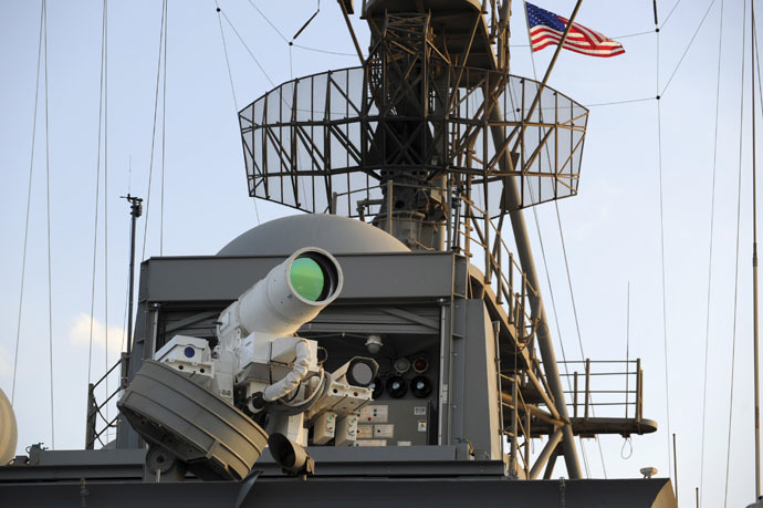 The laser weapon system (LaWS) is tested aboard the USS Ponce amphibious transport dock (Reuters/U.S. Navy)