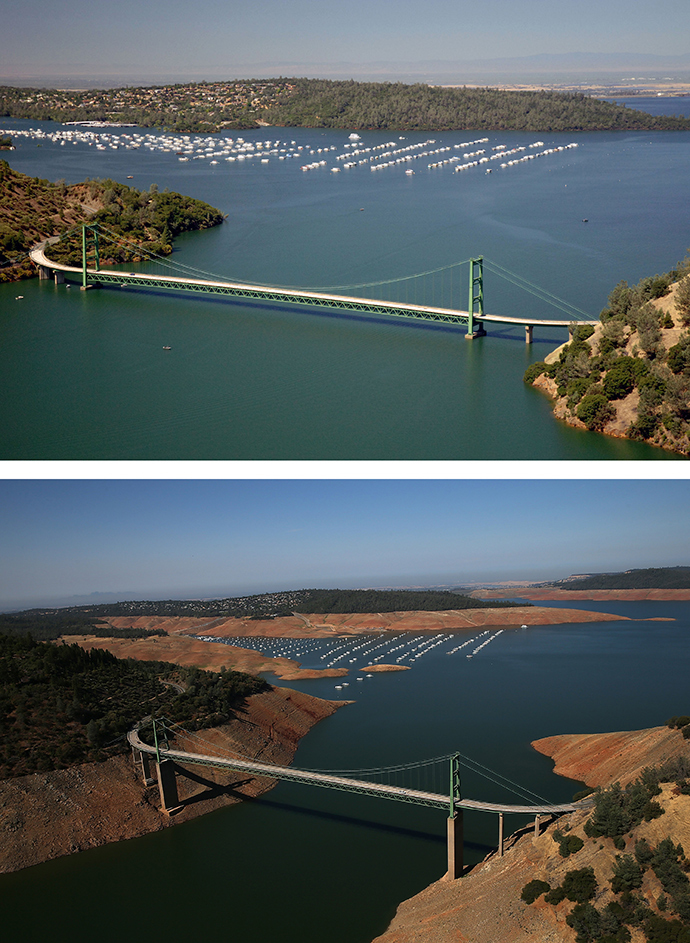 In this before-and-after composite image, (Top) The Green Bridge passes over full water levels at a section of Lake Oroville near the Bidwell Marina on July 20, 2011 in Oroville, California (AFP Photo / Paul Hames)