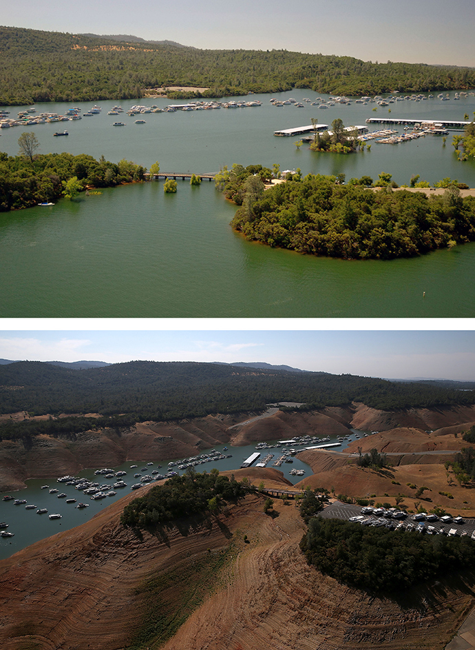 In this before-and-after composite image, (Top) Full water levels are visible in the Bidwell Marina at Lake Oroville on on July 20, 2011 in Oroville, California (AFP Photo / Paul Hames)
