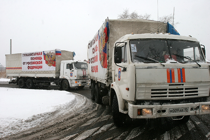 The trucks of Russia's eighth humanitarian aid convoy arrive in Donetsk (RIA Novosti / Igor Maslov)