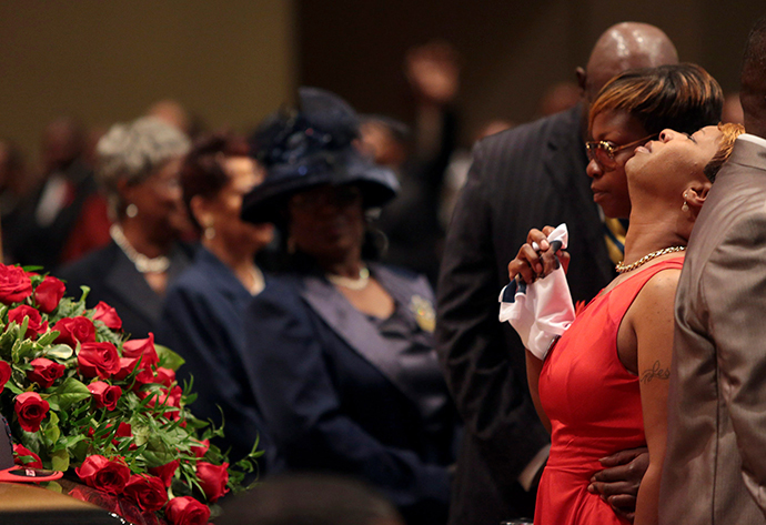 Lesley McSpadden reacts during the funeral services for her son Michael Brown at Friendly Temple Missionary Baptist Church in St. Louis, Missouri, August 25, 2014. (Reuters / Robert Cohen / Pool)