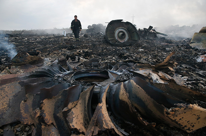 An Emergencies Ministry member walks at a site of a Malaysia Airlines Boeing 777 plane crash near the settlement of Grabovo in the Donetsk region, July 17, 2014. (Reuters / Maxim Zmeye)
