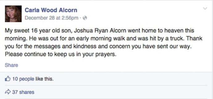 Screenshot of Carla Wood Alcorn's Facebook post about her child's death