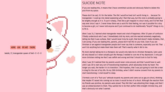 Screenshot of Leelah Alcorn's suicide note, posthumously posted on Tumblr