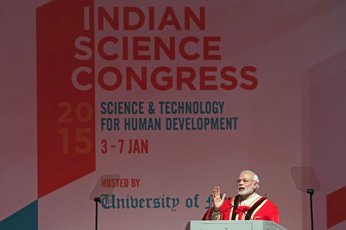 Indian Prime Minister Narendra Modi speaks during the inauguration of the 102nd Indian Science Congress in Mumbai January 3, 2015. (Reuters/Shailesh Andrade)