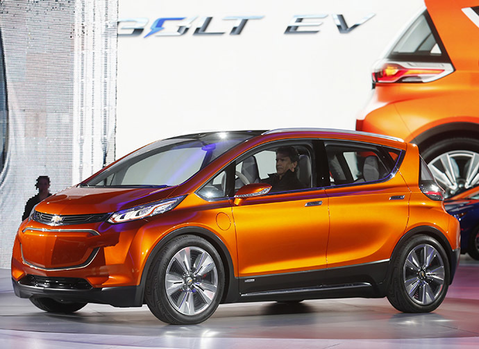 The Chevrolet Bolt EV electric concept car is unveiled during the first press preview day of the North American International Auto Show in Detroit, Michigan January 12, 2015. (Reuters/Rebecca Cook)