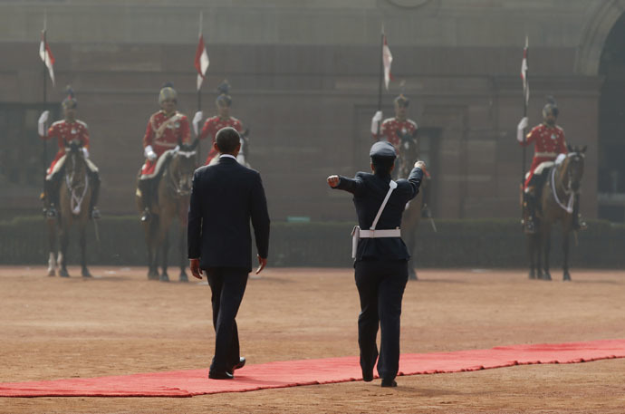 A female Indian officer marches beside Obama as he reviews Indian troops at the Rashtrapati Bhavan presidential palace, New Delhi, January 25, 2015. (Reuters/Jim Bourg)