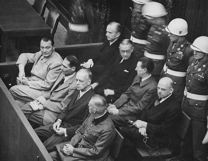 Nuremberg Trials. Defendants in the dock. The main target of the prosecution was Hermann GÃ¶ring (at the left edge on the first row of benches), considered to be the most important surviving official in the Third Reich after Hitler's death (Image from wikipedia.org)